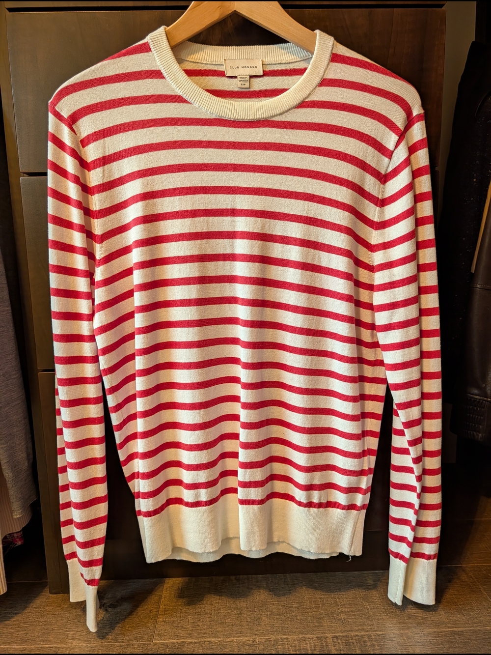 Club Monaco Cream and Red Striped Crewneck Sweater